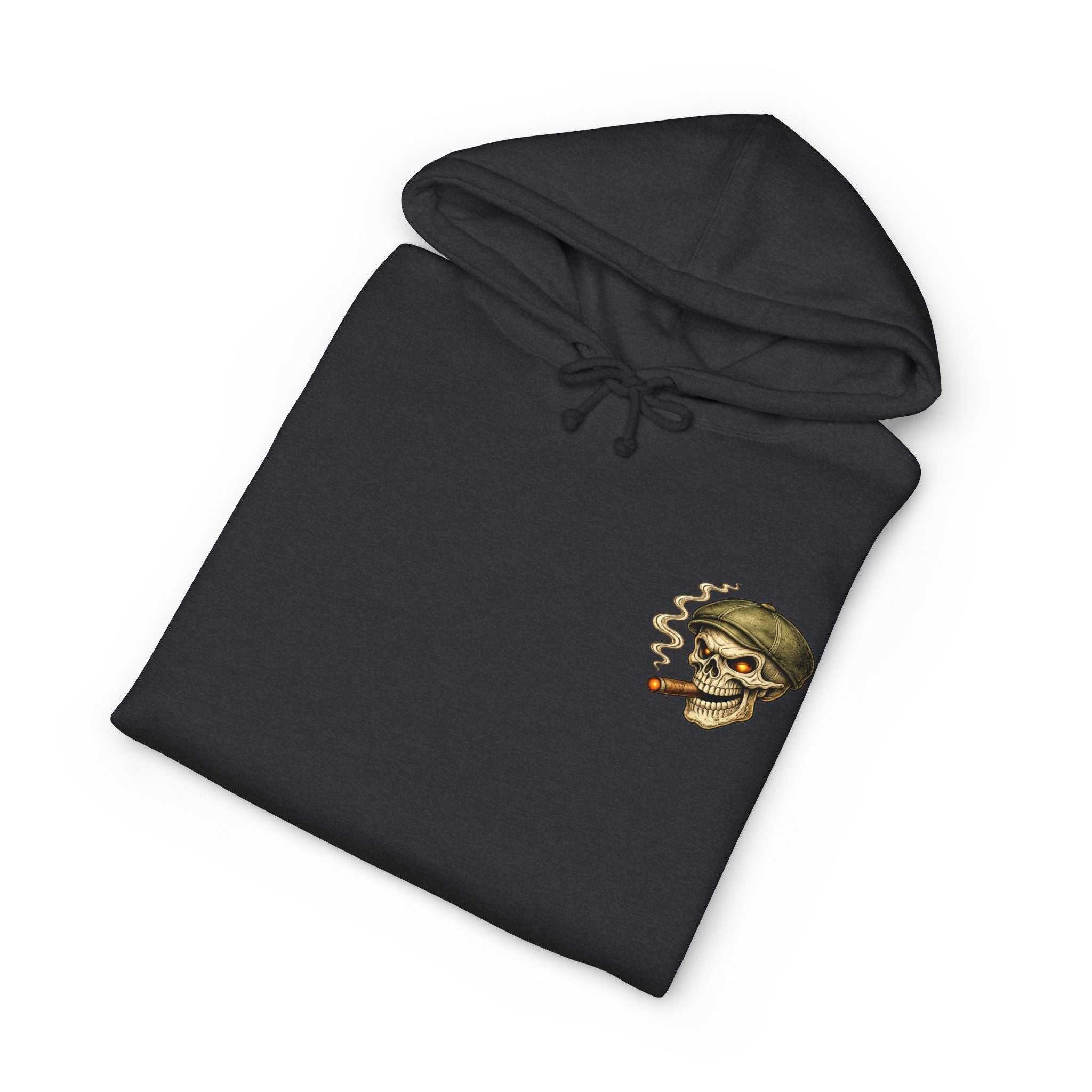 Heavyweight Skull Cigar Hoodie with skull and cigar graphic, camo design, and fleece-lined hood.