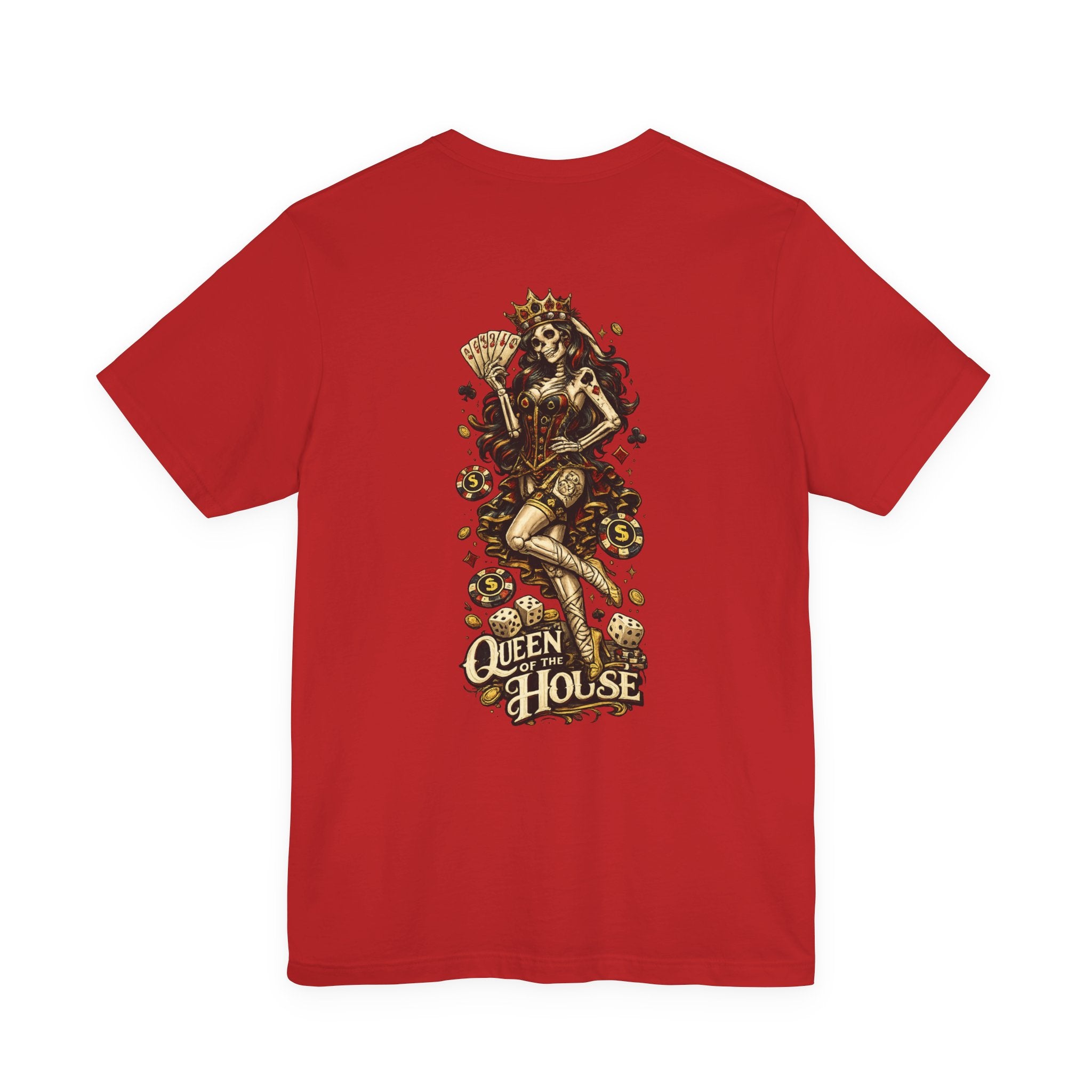 Queen of the House Poker T‑Shirt — Day of the Dead Card Skull Tee