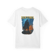 White Sentinel how it began T-shirt with vintage badge design featuring a standing figure and fiery background, casual streetwear style