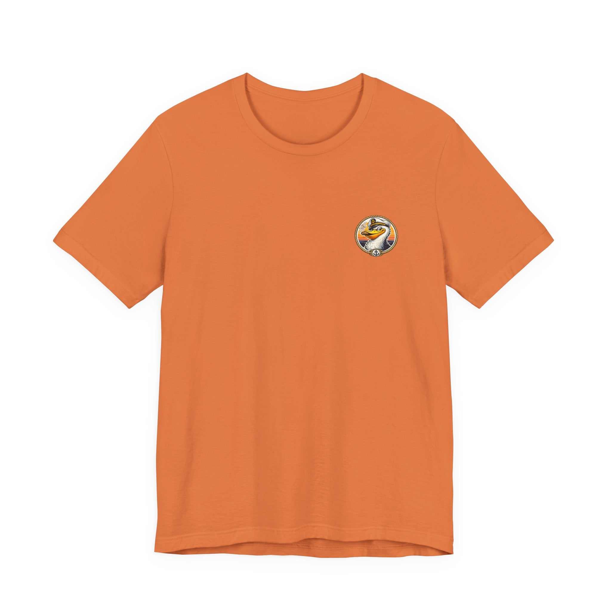 T-Shirt — Retro Pelican on Inflatable Tube Graphic Tee (Beach Vacation, Tropical Sunset)