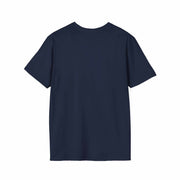 Back view of a navy blue Atlas Strength Unisex Softstyle T-Shirt with short sleeves and crew neckline.