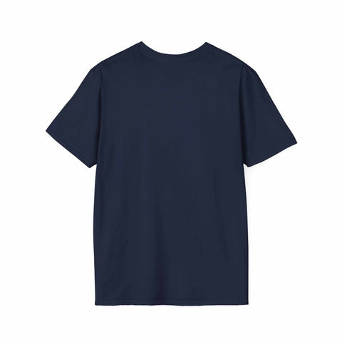 Back view of a navy blue Atlas Strength Unisex Softstyle T-Shirt with short sleeves and crew neckline.