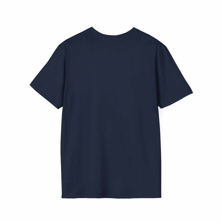 Back view of a navy blue Atlas Strength Unisex Softstyle T-Shirt with short sleeves and crew neckline.
