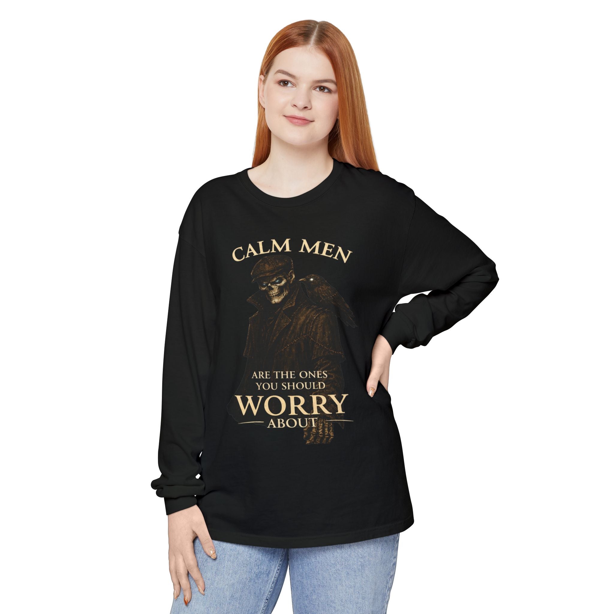 Calm Men Skull Raven Long Sleeve T-Shirt — "Calm Men Are The Ones You Should Worry About"