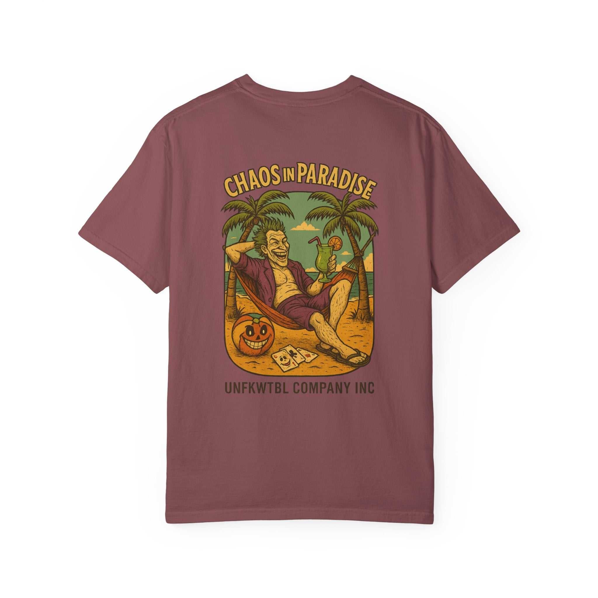 Unisex garment-dyed Tropical Humor T-Shirt with "Chaos in Paradise" beach graphic, casual summer tee for island lovers