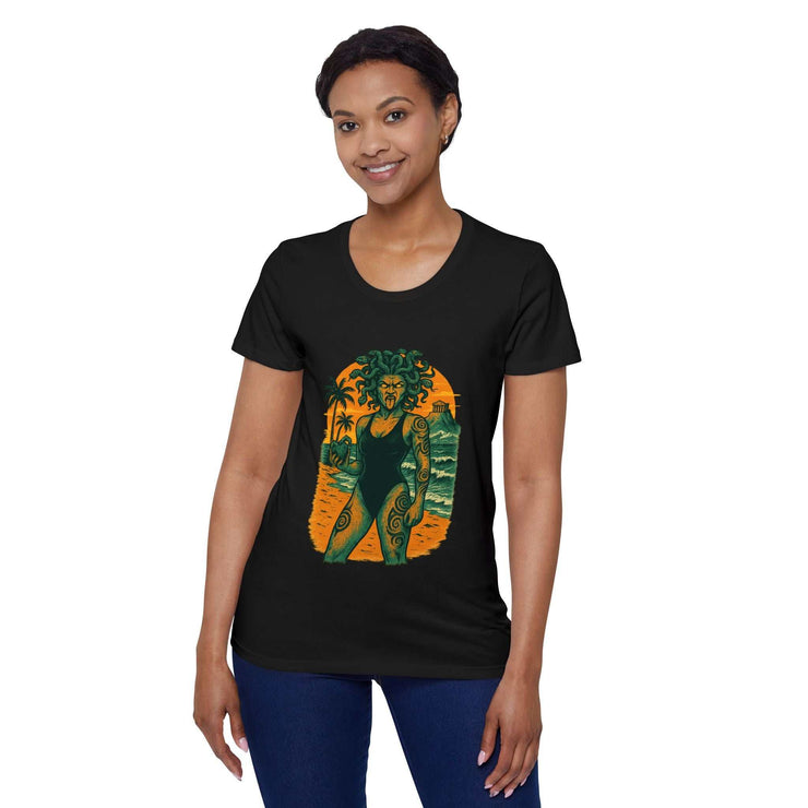 Woman wearing Bohemian Goddess Organic T-Shirt with vibrant tropical design on black short sleeve tee