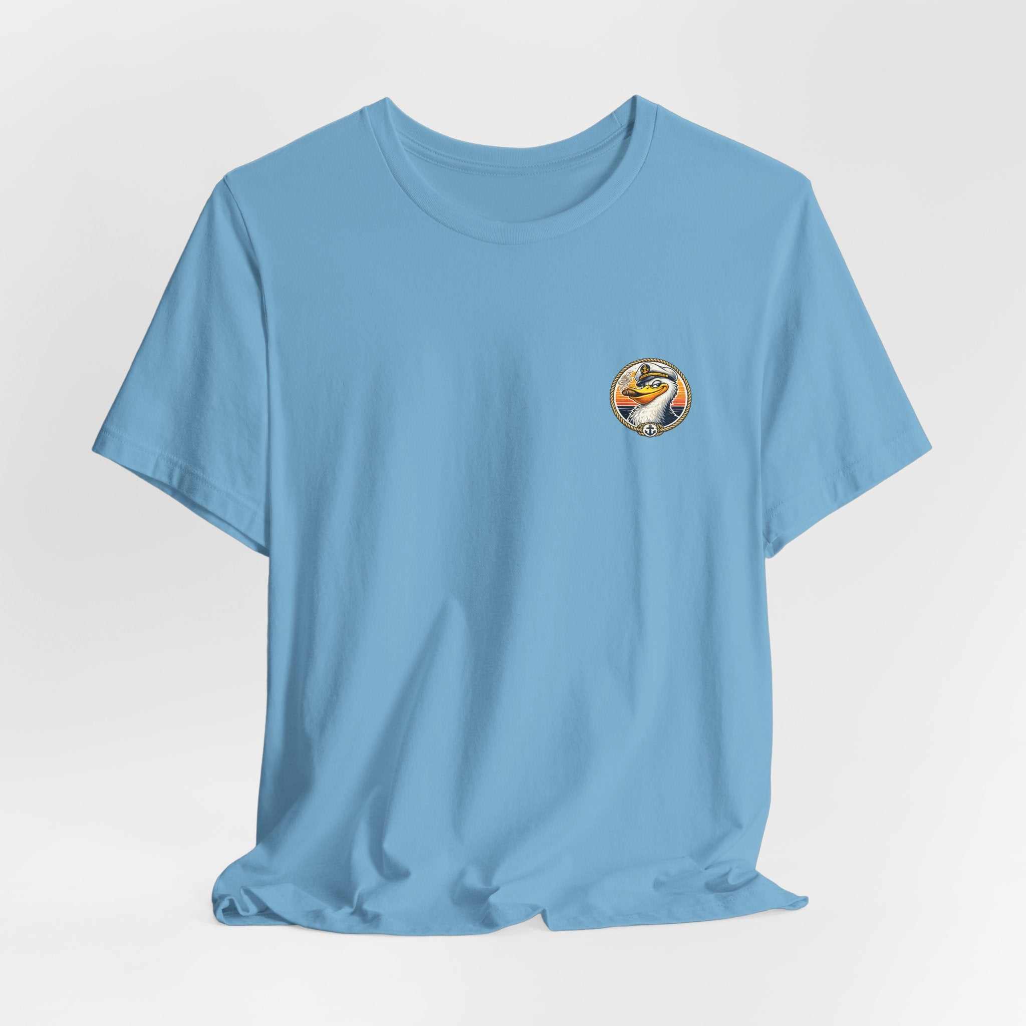T-Shirt — Retro Pelican on Inflatable Tube Graphic Tee (Beach Vacation, Tropical Sunset)