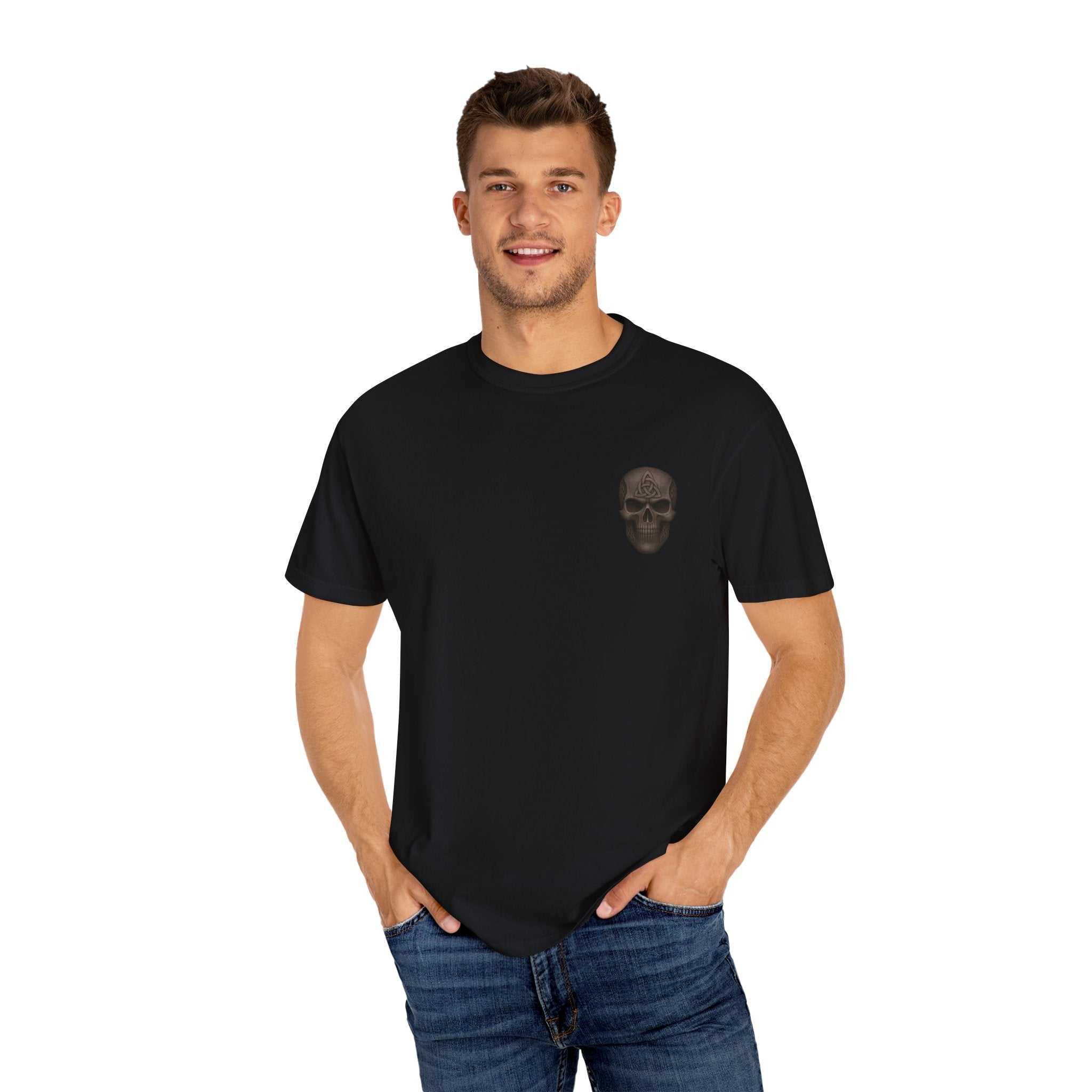 Blackbeard Pirate Lord garment-dyed black casual t-shirt with subtle skull graphic on chest worn by smiling man
