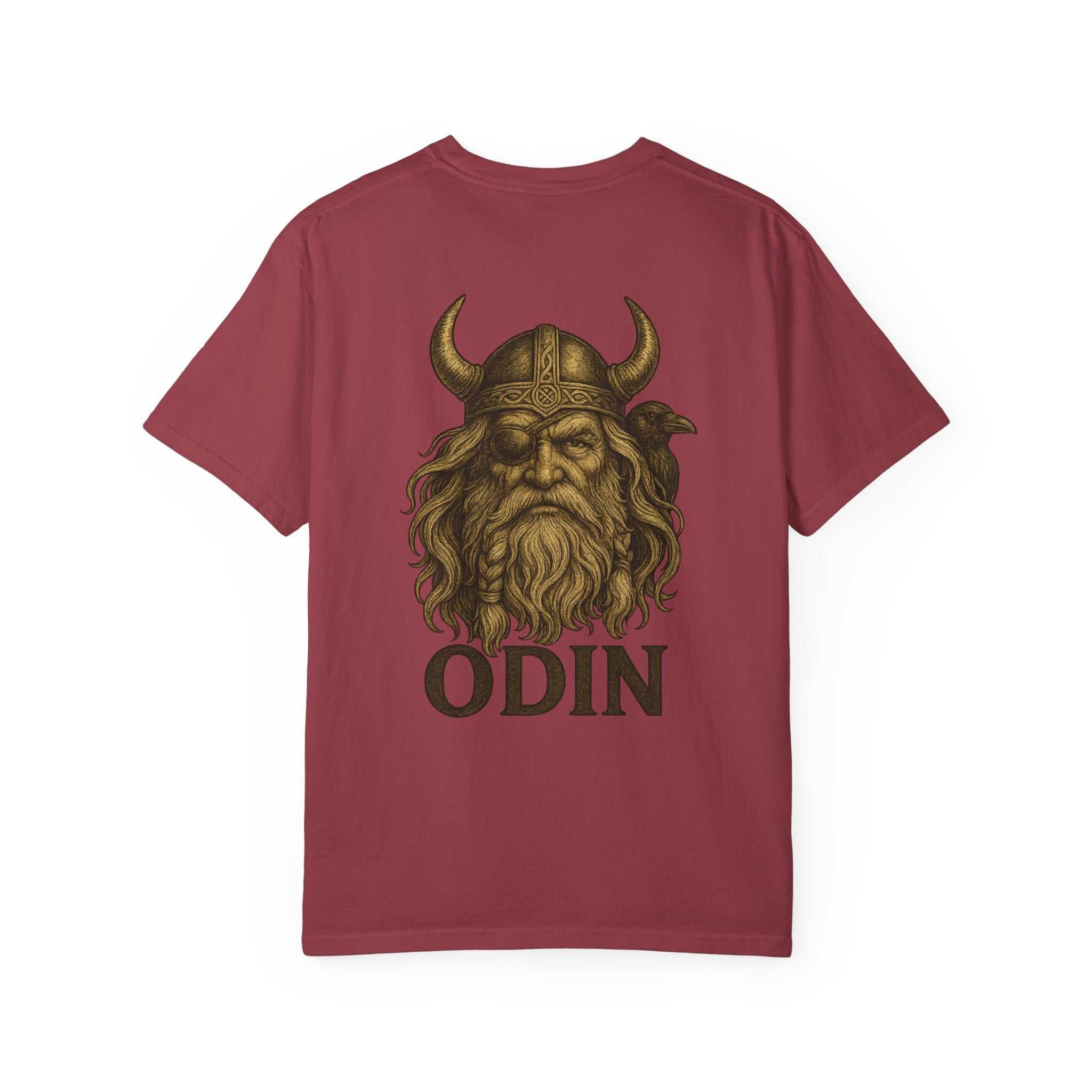 Maroon Odin All Father unisex T-shirt with Norse mythology graphic and text on back