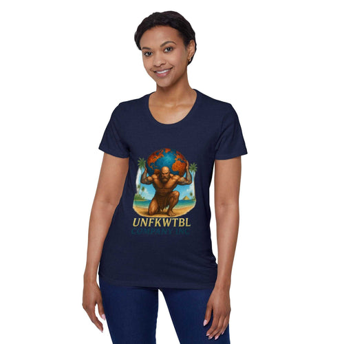 Woman wearing navy blue Women's Organic T-Shirt with UNFKWTBL empowering design and positive vibes artwork
