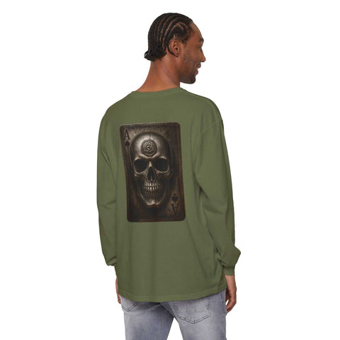 Unisex green long sleeve t-shirt with Celtic skull logo on back