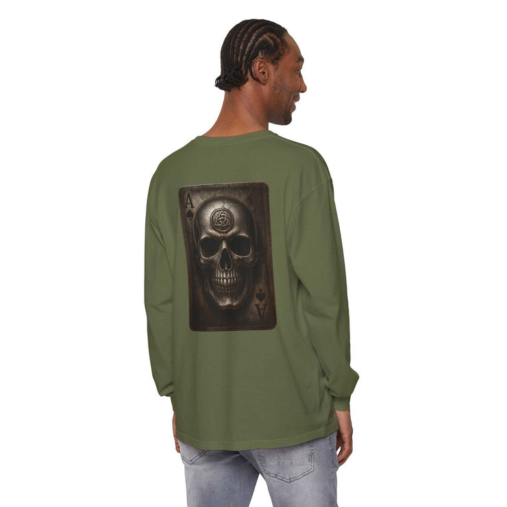 Unisex green long sleeve t-shirt with Celtic skull logo on back