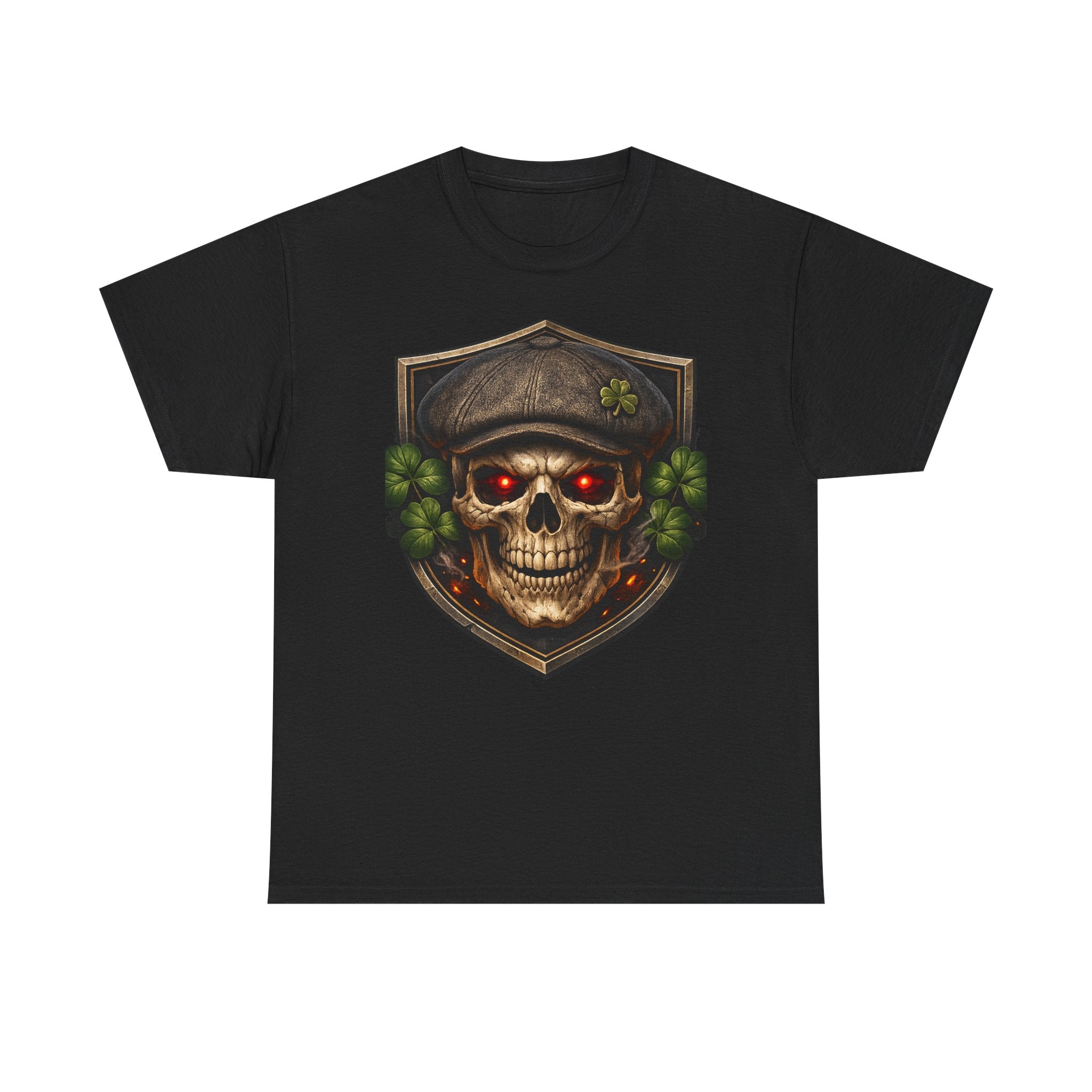 Skull & Shamrock Tee — Celtic Pirate Skull Shirt with Red-Eye Skeleton and Clover Badge