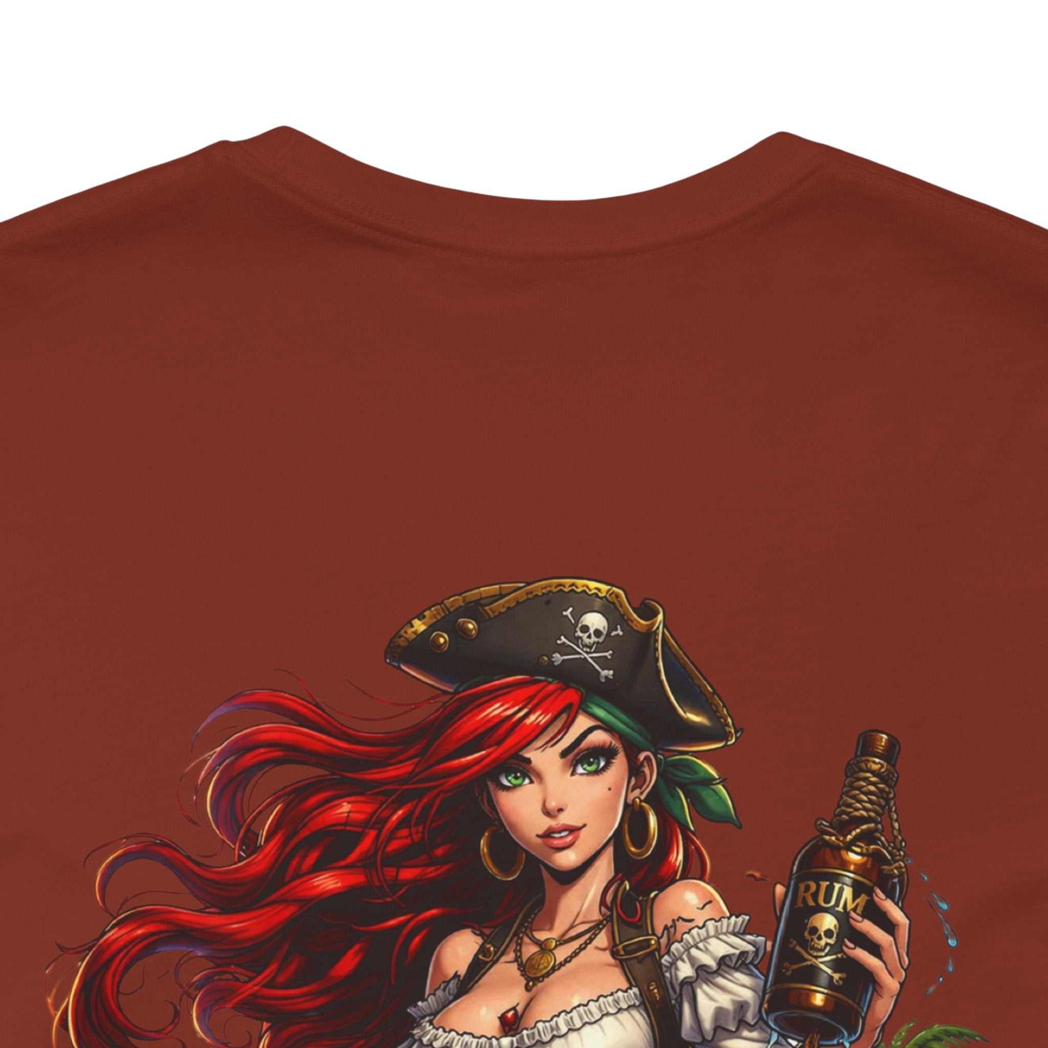 Rum Runs Deep Pirate Tee with nautical pirate design on lightweight cotton shirt