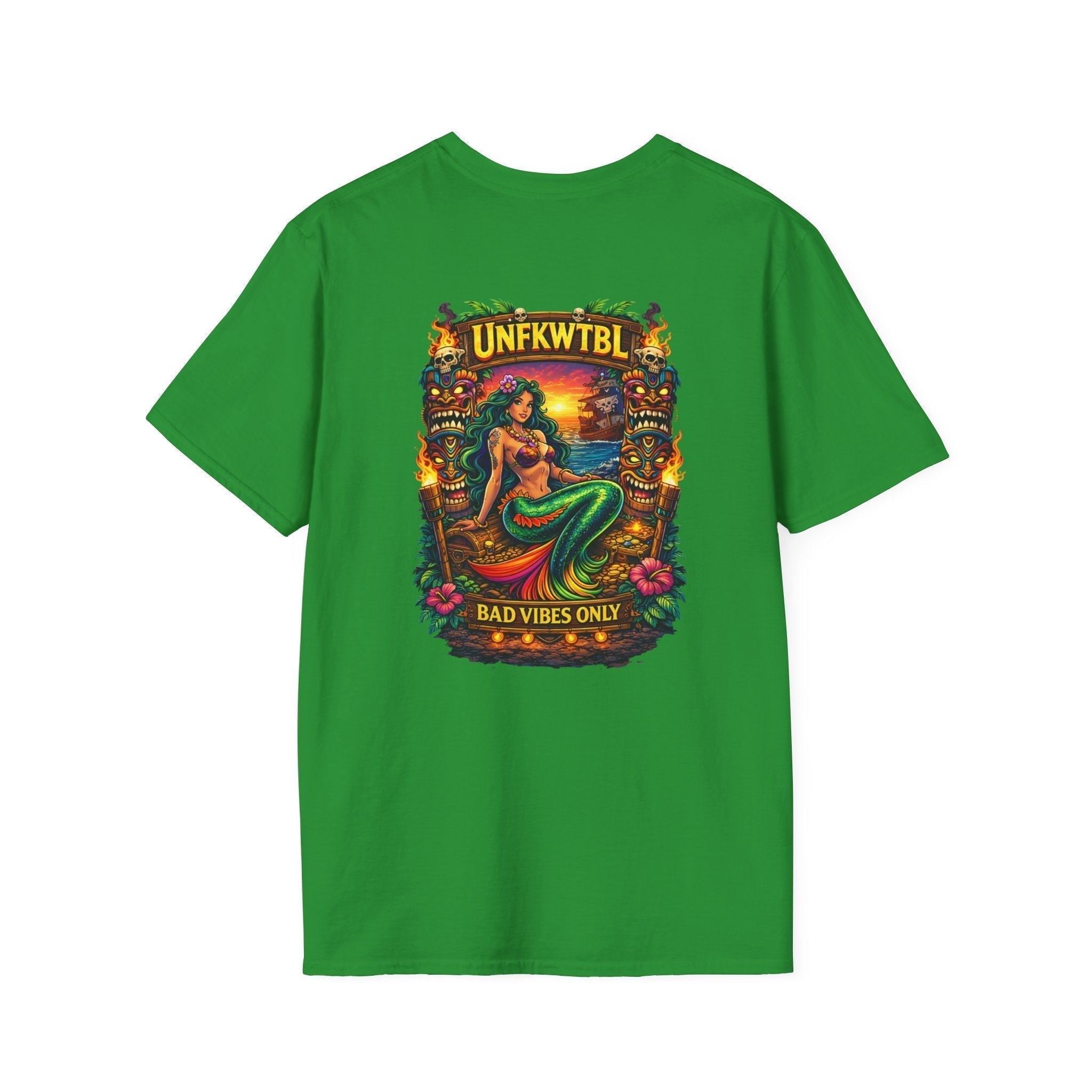 Mermaid Sunset T-Shirt with Bad Vibes Only retro island graphic and tropical sunset design