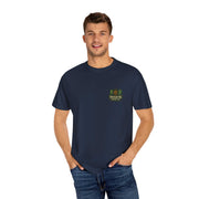 Man wearing navy unisex tribute t-shirt with vintage memorial design and casual fit