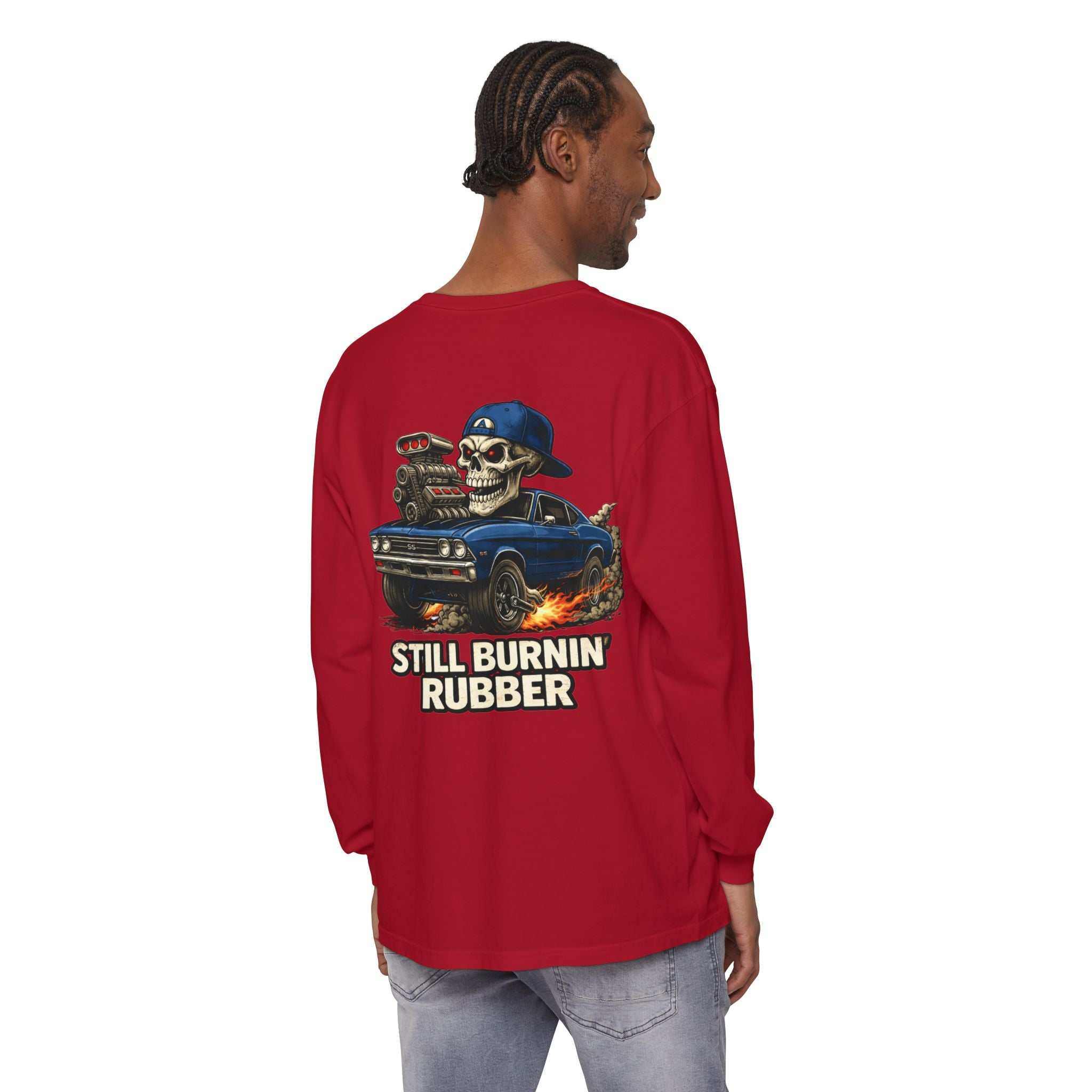 Still Burnin' Rubber Long Sleeve Tee — Retro Skull Muscle Car Graphic