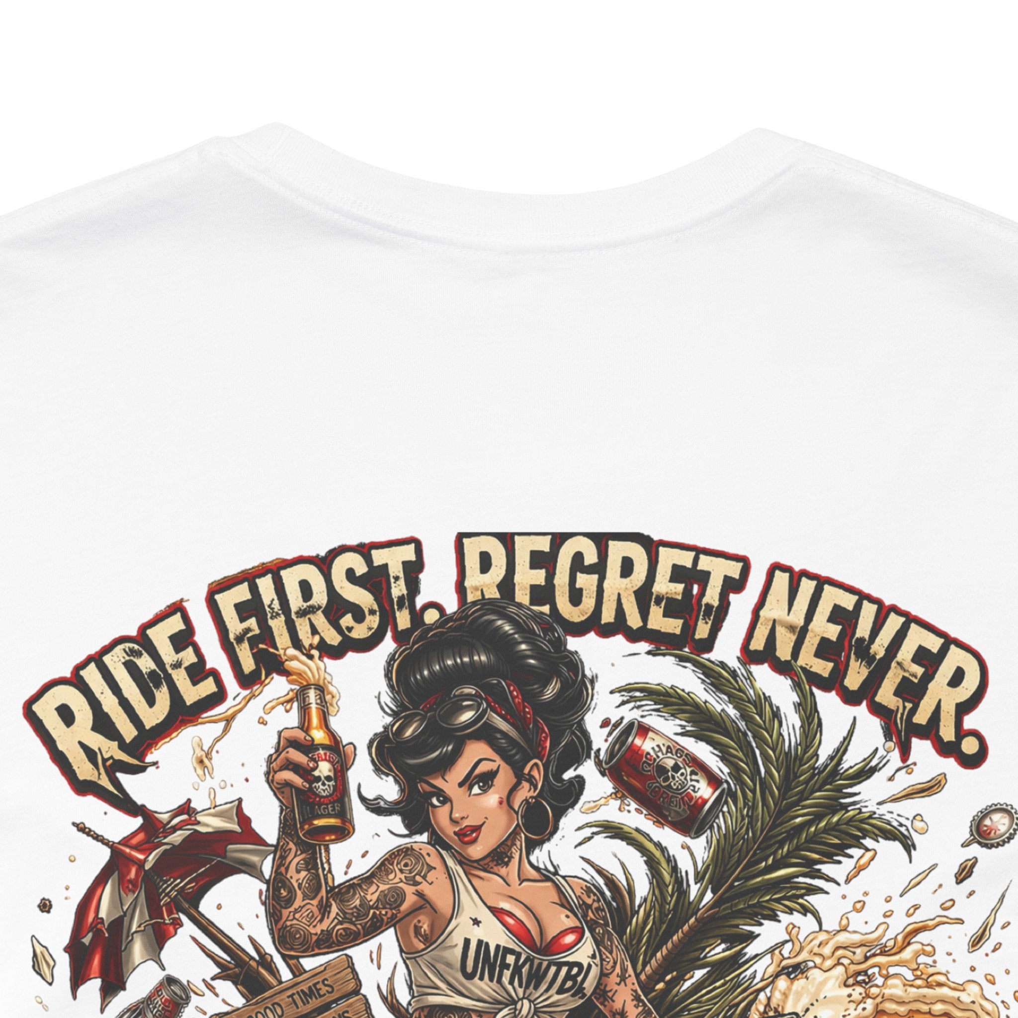 Ride First Regret Never Tee — Vintage Pinup Bomb Girl Motorcycle Graphic Shirt