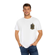 Control the Chaos unisex white garment-dyed t-shirt with vibrant graphic, sustainable cotton fabric, modeled by man in casual jeans