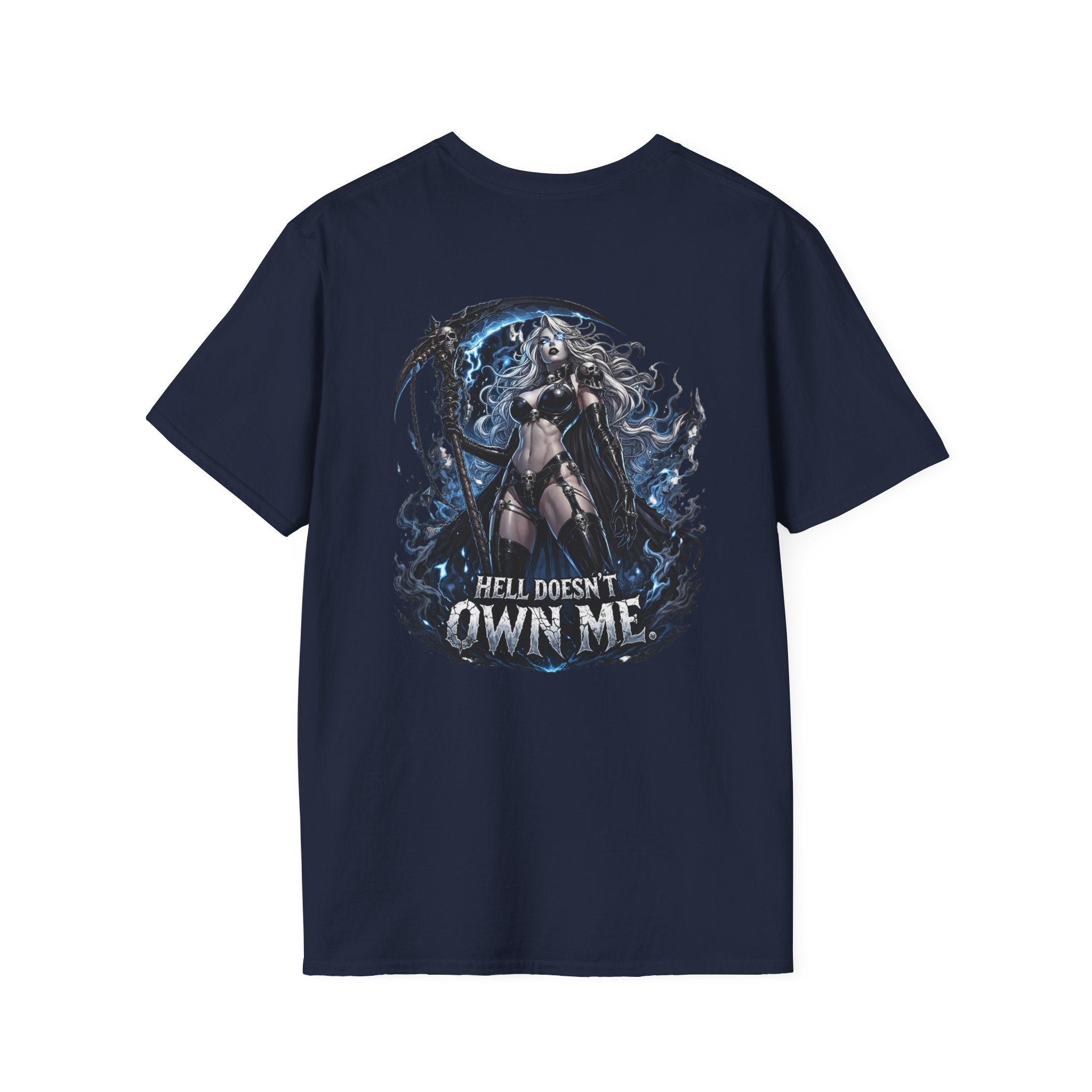 Reaper Graphic T-Shirt — "Hell Doesn't Own Me" Gothic Skull Tee