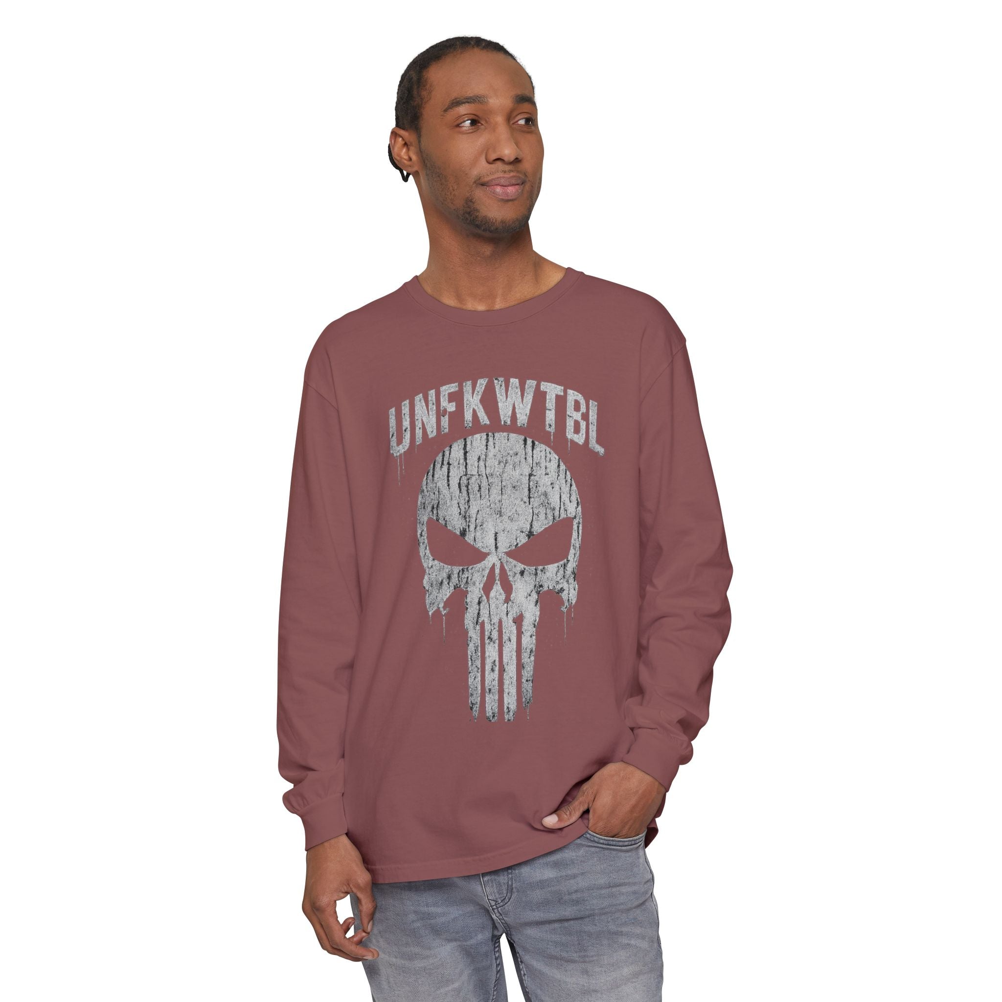 Punisher Skull Long Sleeve Tee — 'UNFKWTBL' Distressed Graphic