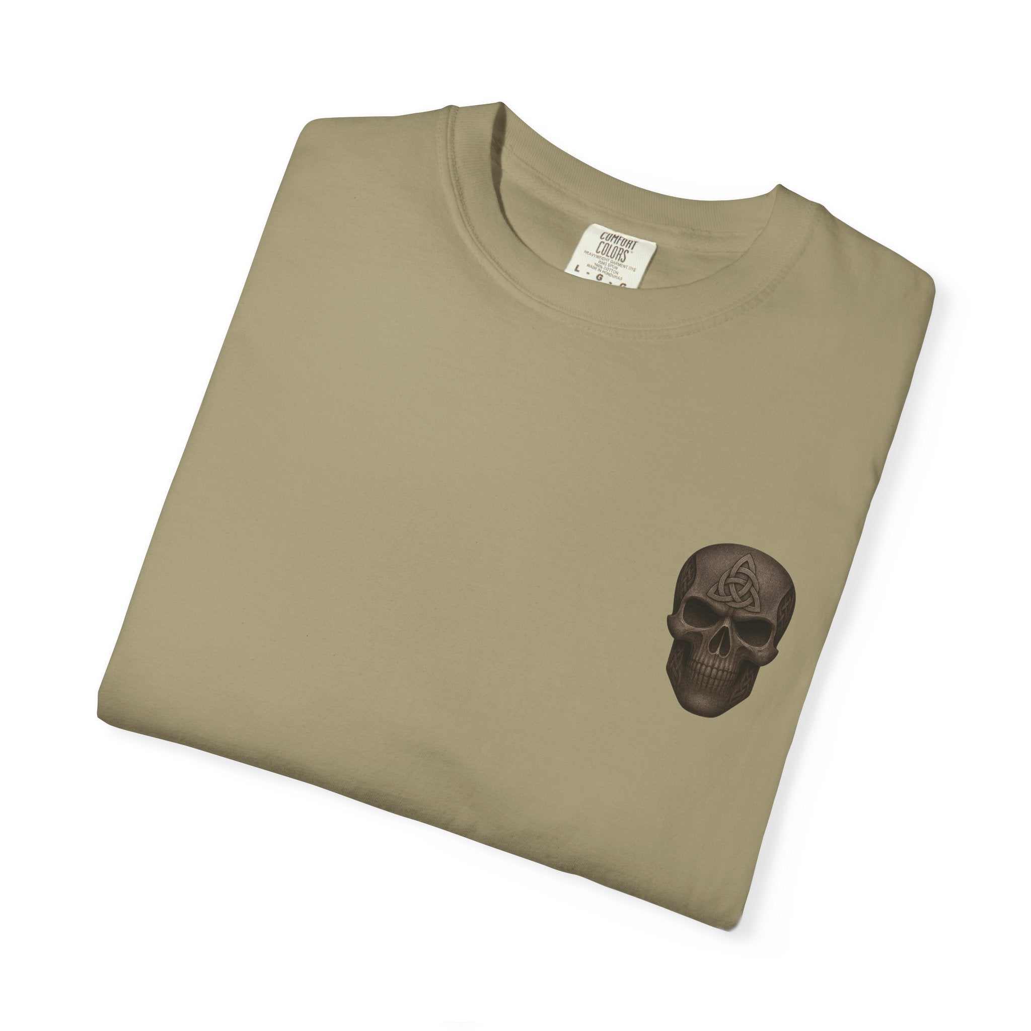 Unisex garment-dyed beige t-shirt with black skull graphic on chest, soft cotton fabric, casual style