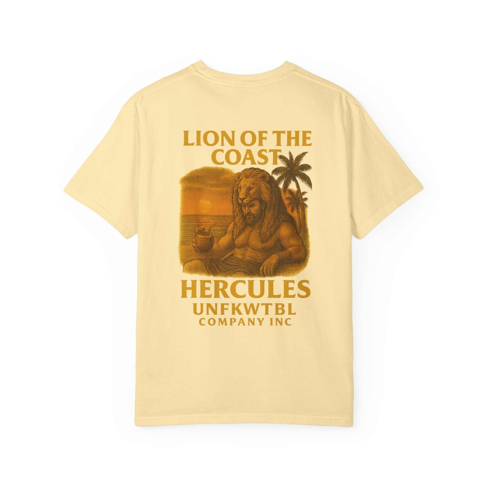 Unisex garment-dyed t-shirt with Lion of the Coast Hercules beach graphic in soft yellow fabric