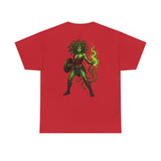 Red unisex t-shirt featuring a Medusa Wonder Woman graphic with green snake hair and glowing green powers on the back.