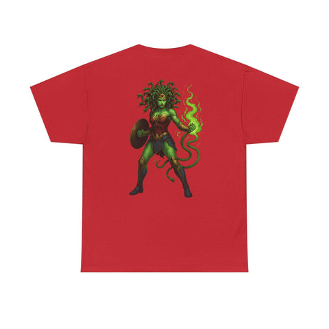 Red unisex t-shirt featuring a Medusa Wonder Woman graphic with green snake hair and glowing green powers on the back.