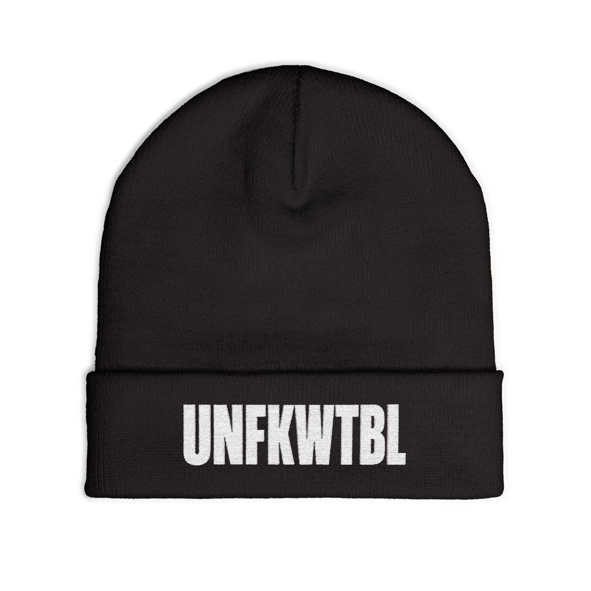 Black embroidered knit beanie with cuffed design and bold lettering, made from cotton and acrylic blend for streetwear style and warmth