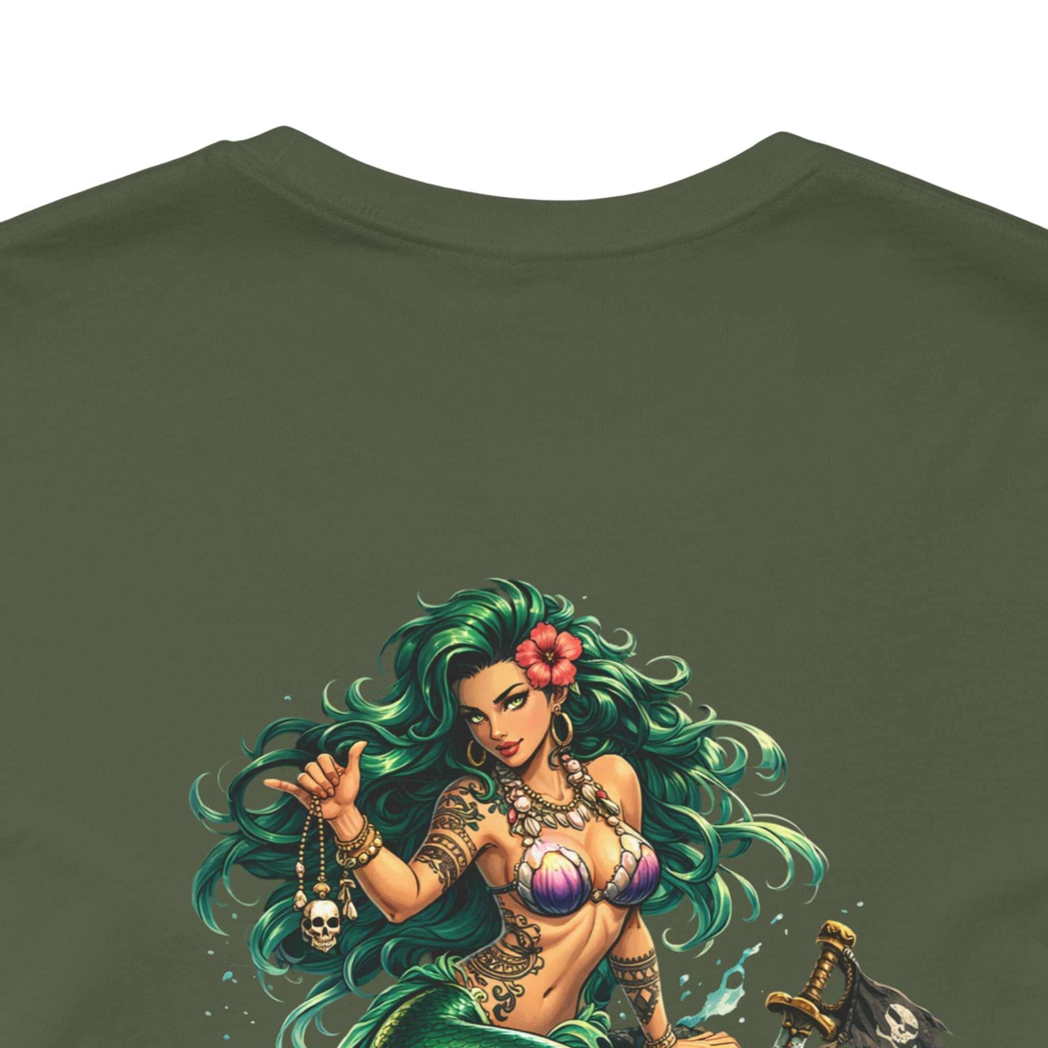 Vintage green Mermaid Skull Art Tee with detailed mermaid skull graphic design on soft cotton shirt