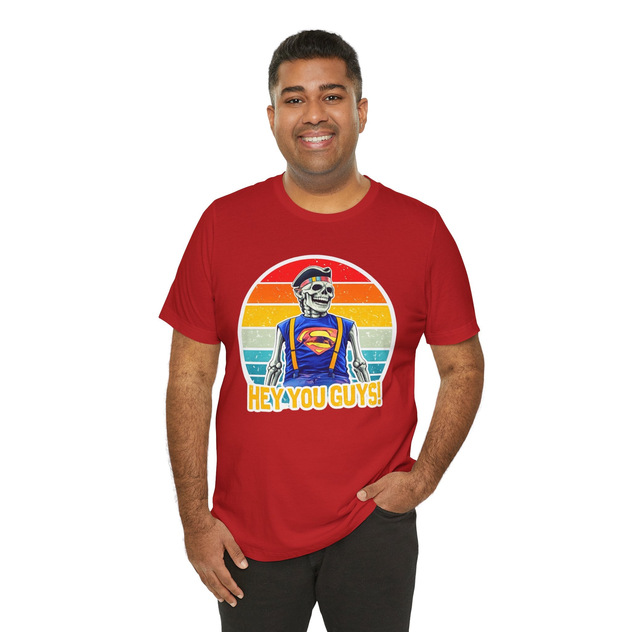 Skeleton Superfan Tee — "Hey You Guys!" Retro Vintage Graphic T-Shirt