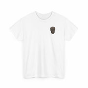 White UNFKWTBL JOKER t-shirt with small black skull graphic on chest, made from US cotton, featuring ribbed collar and shoulder tape.