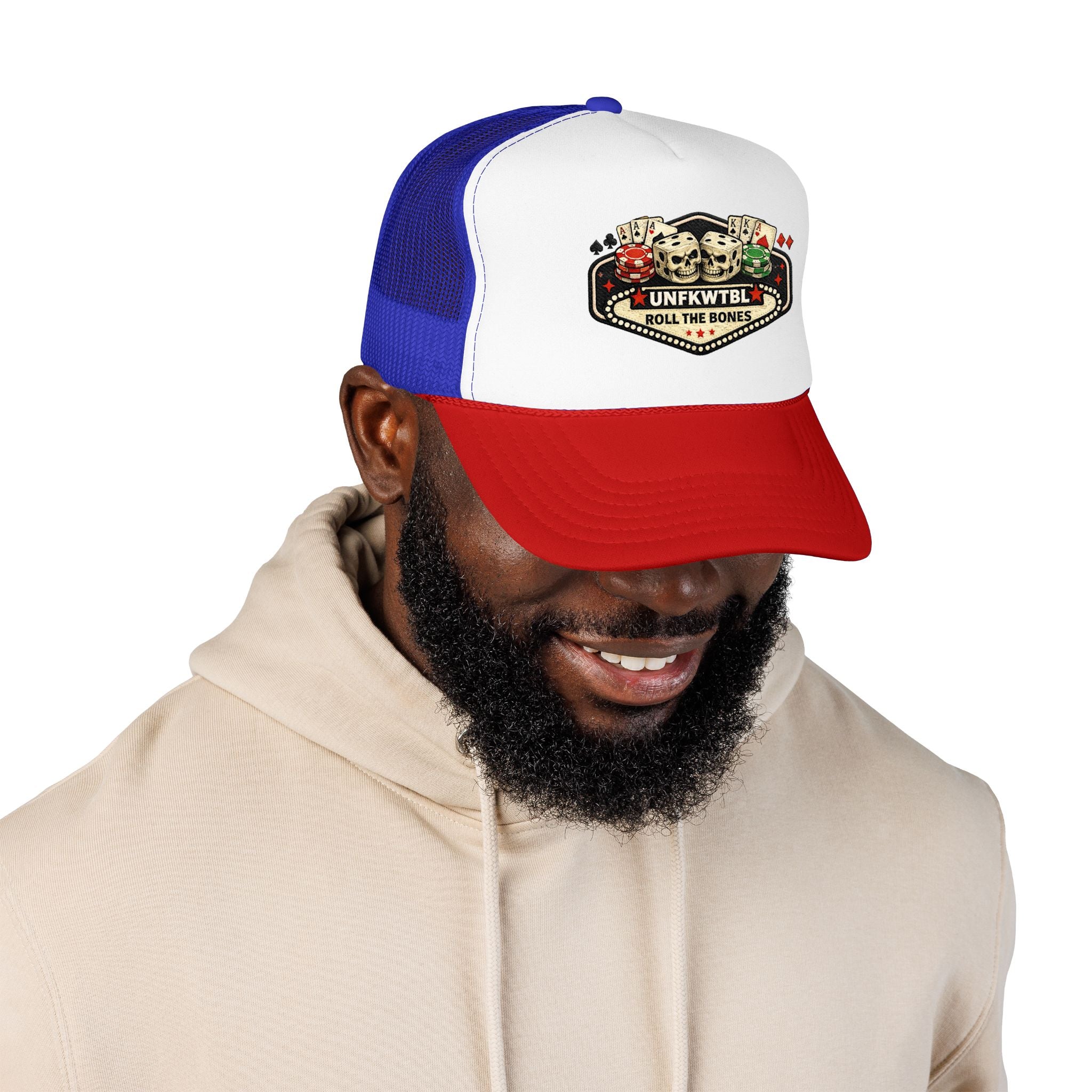 Roll the Bones Trucker Hat — Skull & Dice Poker Foam Cap