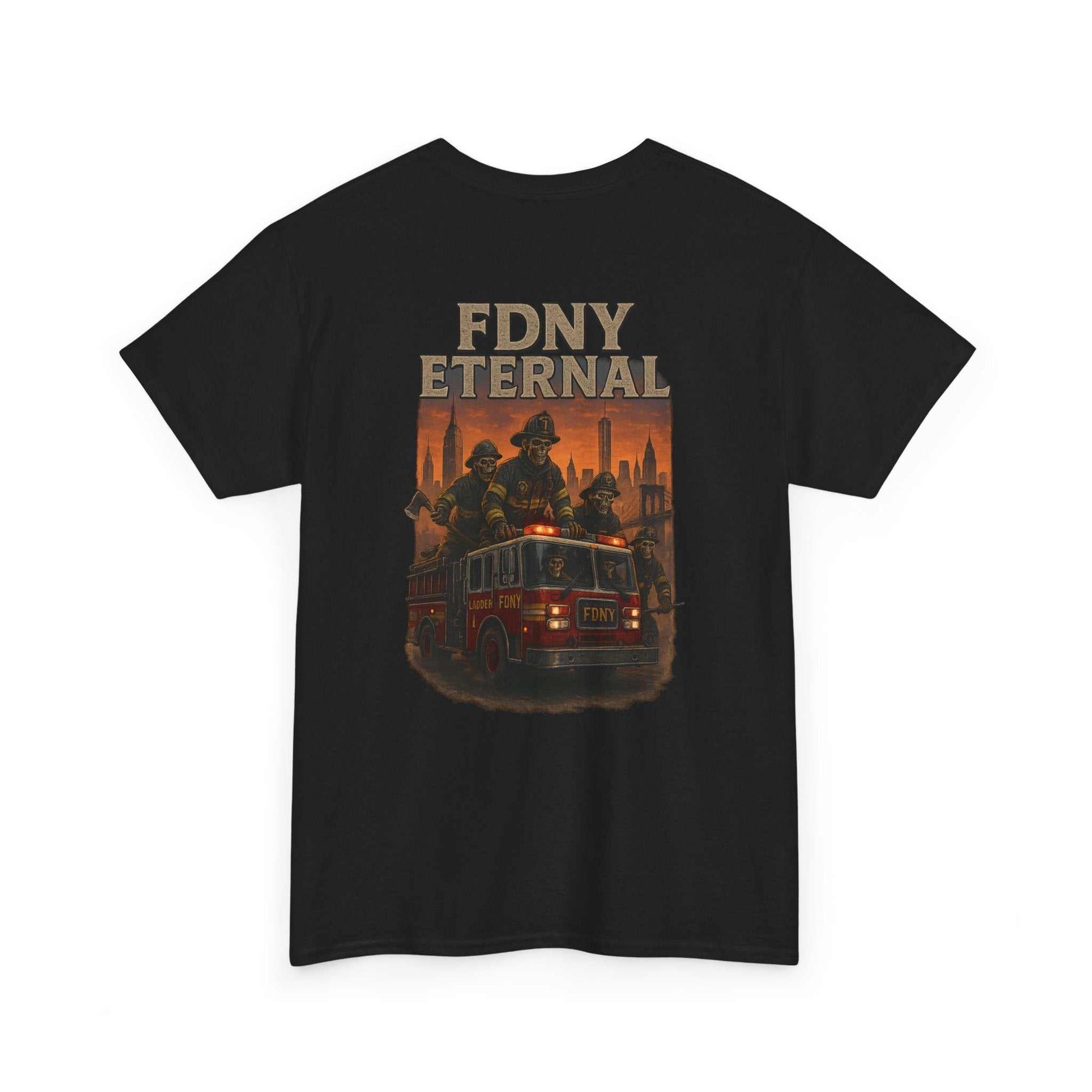Black T-Shirt FDNY ETERNAL Tribute Tee with firetruck and firefighter design honoring NYC heroes