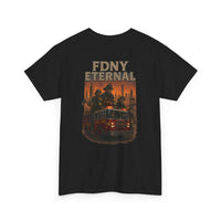 Black T-Shirt FDNY ETERNAL Tribute Tee with firetruck and firefighter design honoring NYC heroes