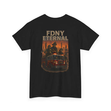 Black T-Shirt FDNY ETERNAL Tribute Tee with firetruck and firefighter design honoring NYC heroes