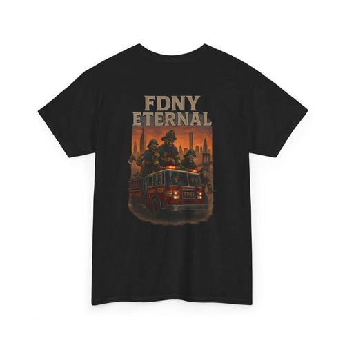 Black T-Shirt FDNY ETERNAL Tribute Tee with firetruck and firefighter design honoring NYC heroes