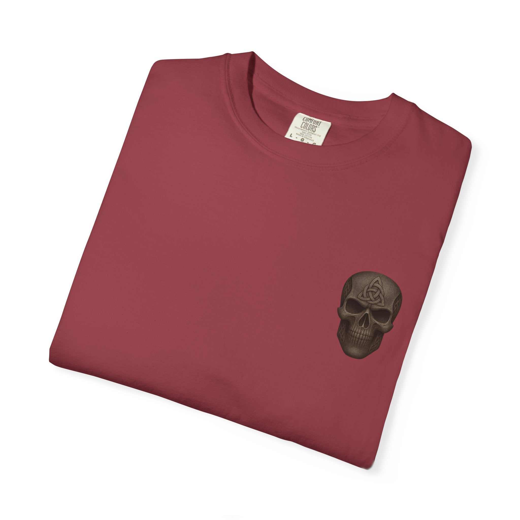 Blackbeard Pirate Lord garment-dyed maroon t-shirt with skull graphic, casual unisex tee for outdoor adventure and personalized gifts