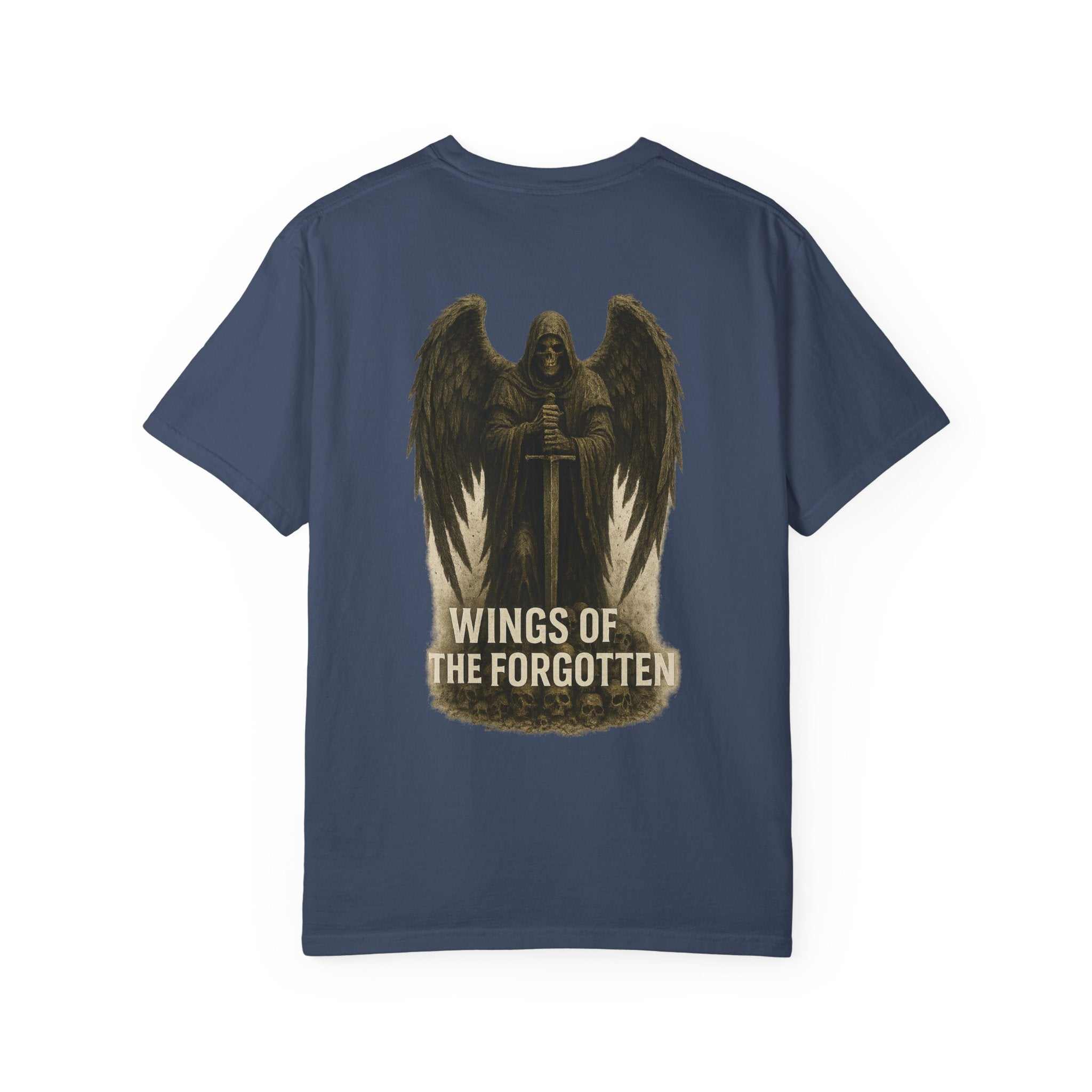 Death Angel Wings protector of the dead unisex tee with guardian angel design and "Wings of the Forgotten" text on navy blue shirt