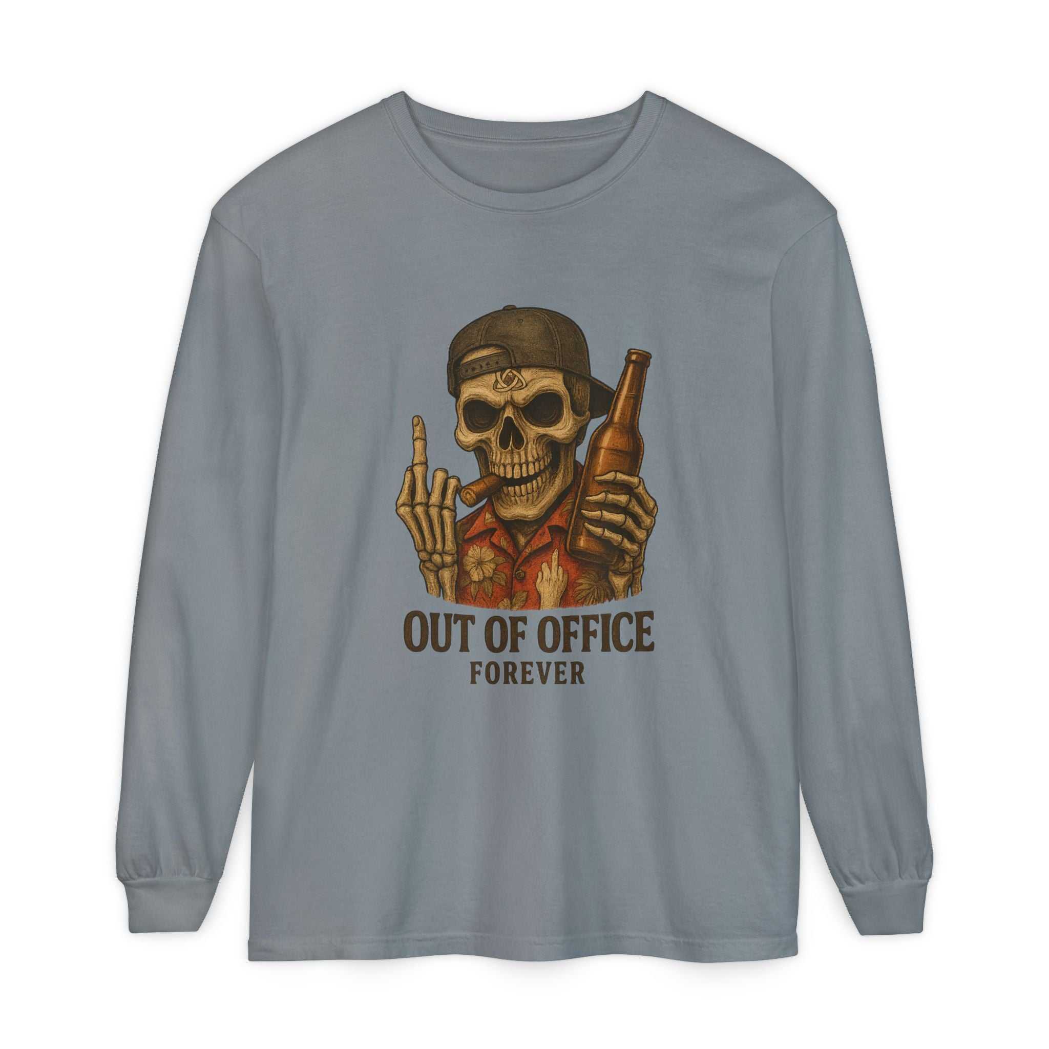 Long sleeve t-shirt with "Out of Office Forever" skull and beer graphic on soft garment-dyed cotton fabric