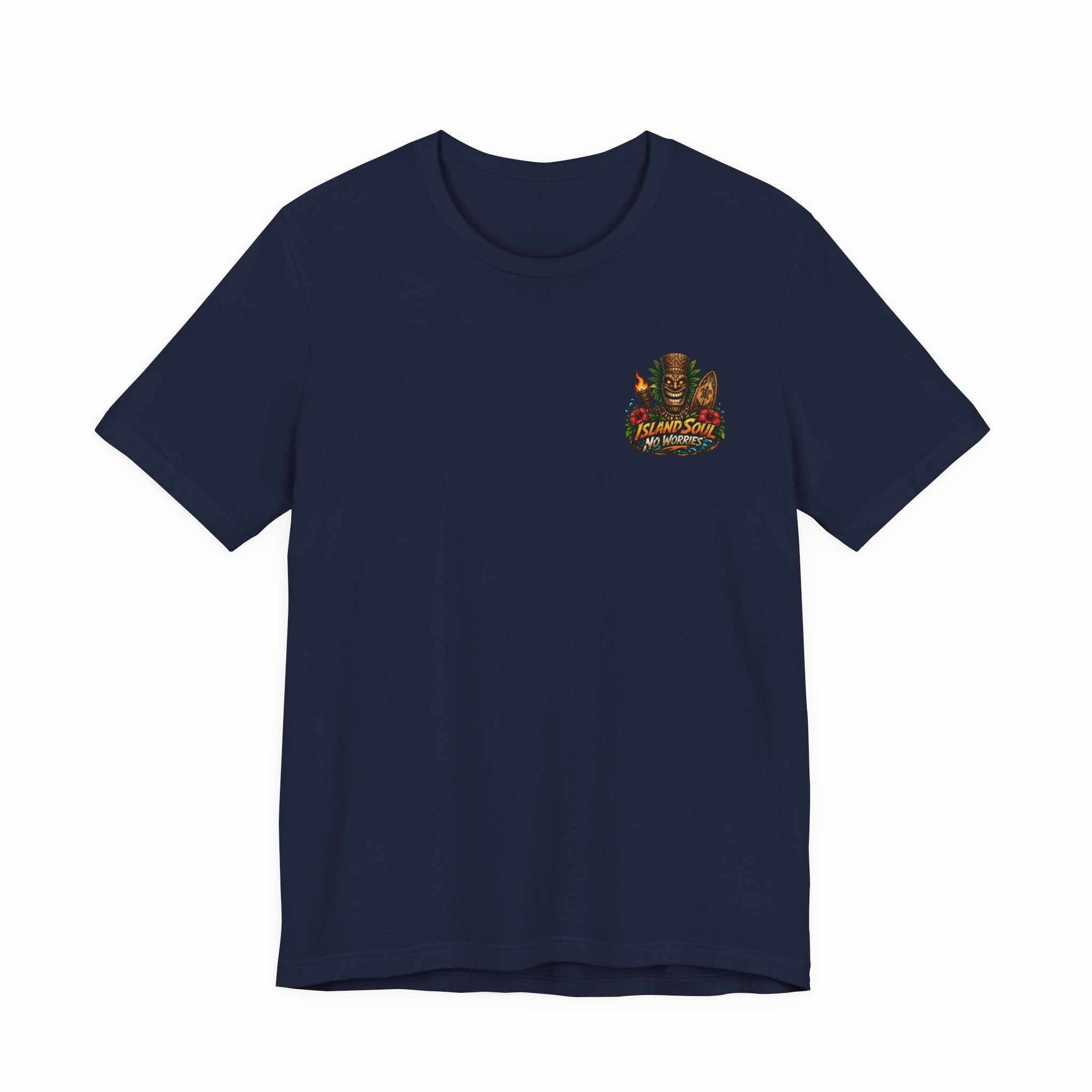 Tropical Tiki Tee with tiki, hibiscus flowers, and waves on a breezy summer island-inspired t-shirt