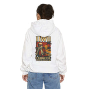 Unisex white garment-dyed hoodie with colorful skeleton graphic and text on back, relaxed fit, cotton blend fabric