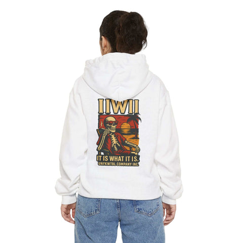 Unisex white garment-dyed hoodie with colorful skeleton graphic and text on back, relaxed fit, cotton blend fabric