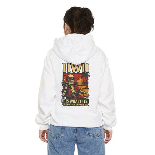Unisex white garment-dyed hoodie with colorful skeleton graphic and text on back, relaxed fit, cotton blend fabric