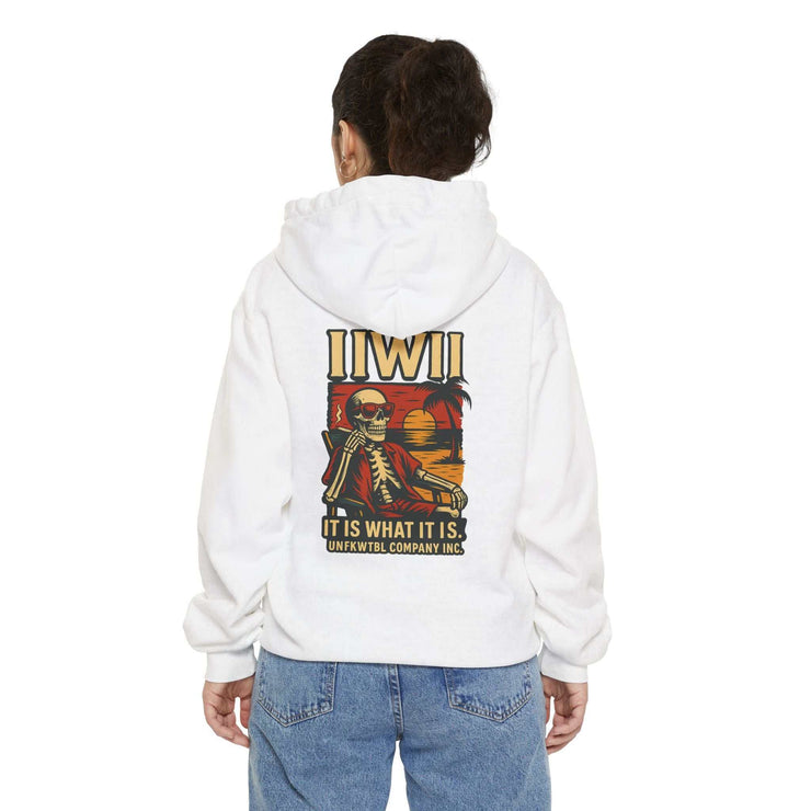Unisex white garment-dyed hoodie with colorful skeleton graphic and text on back, relaxed fit, cotton blend fabric