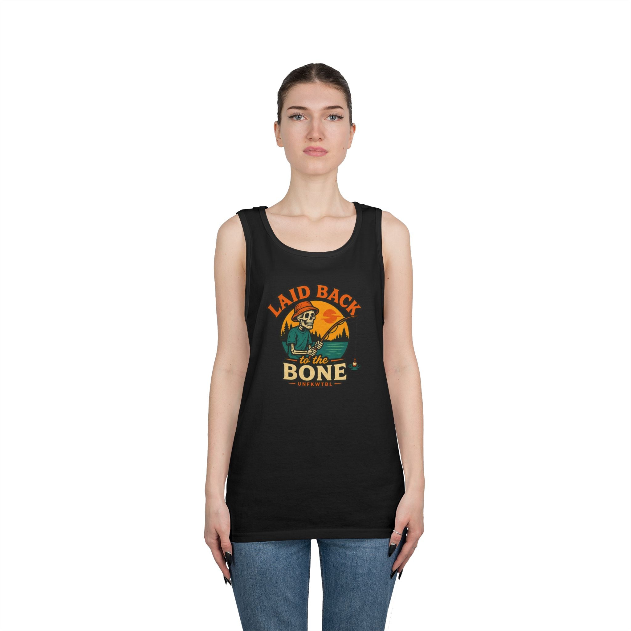 Laid Back to the Bone Tank Top — Retro Skull & Sunset Summer Graphic