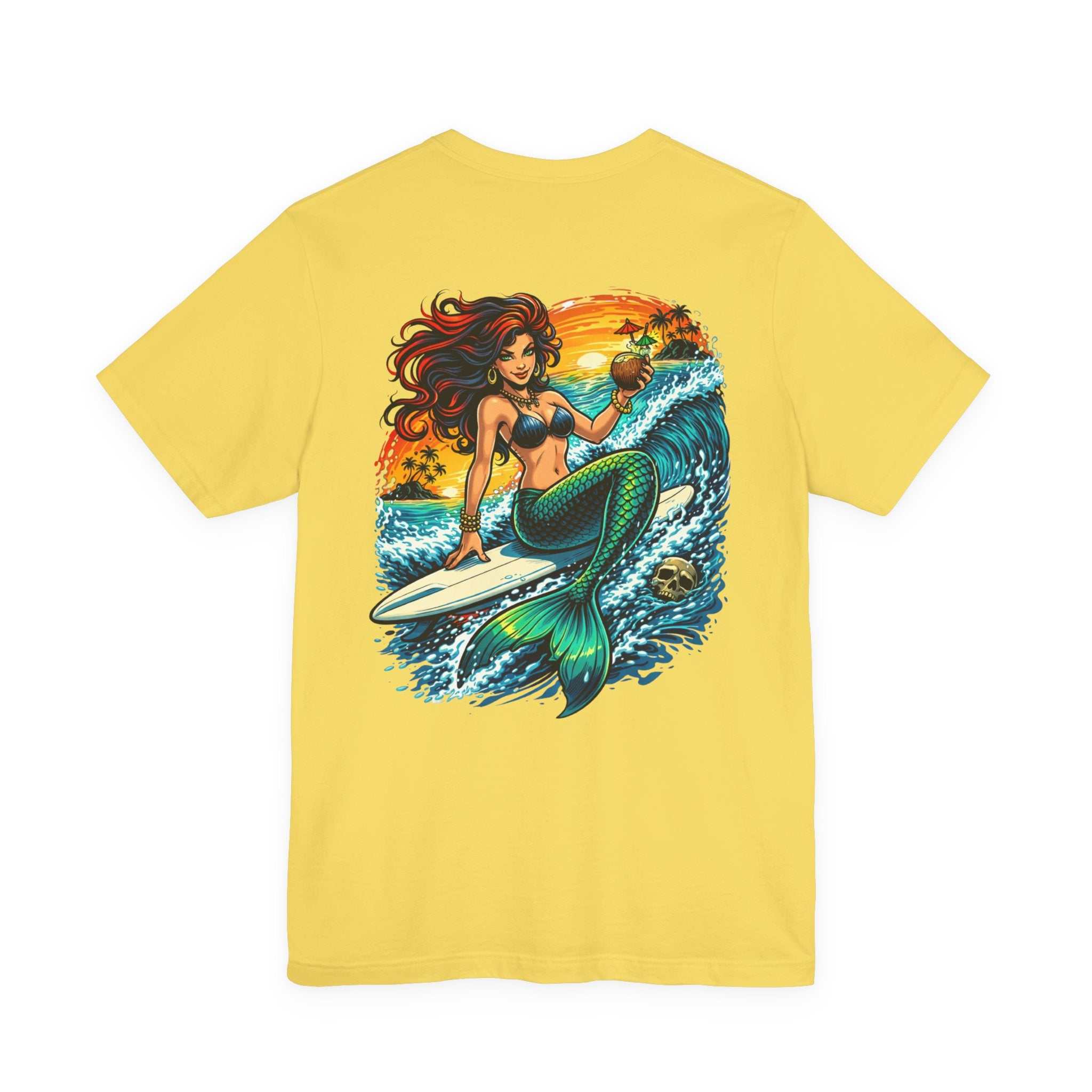 Mermaid Surfer T-Shirt with retro beach surfing graphic and vibrant mermaid design