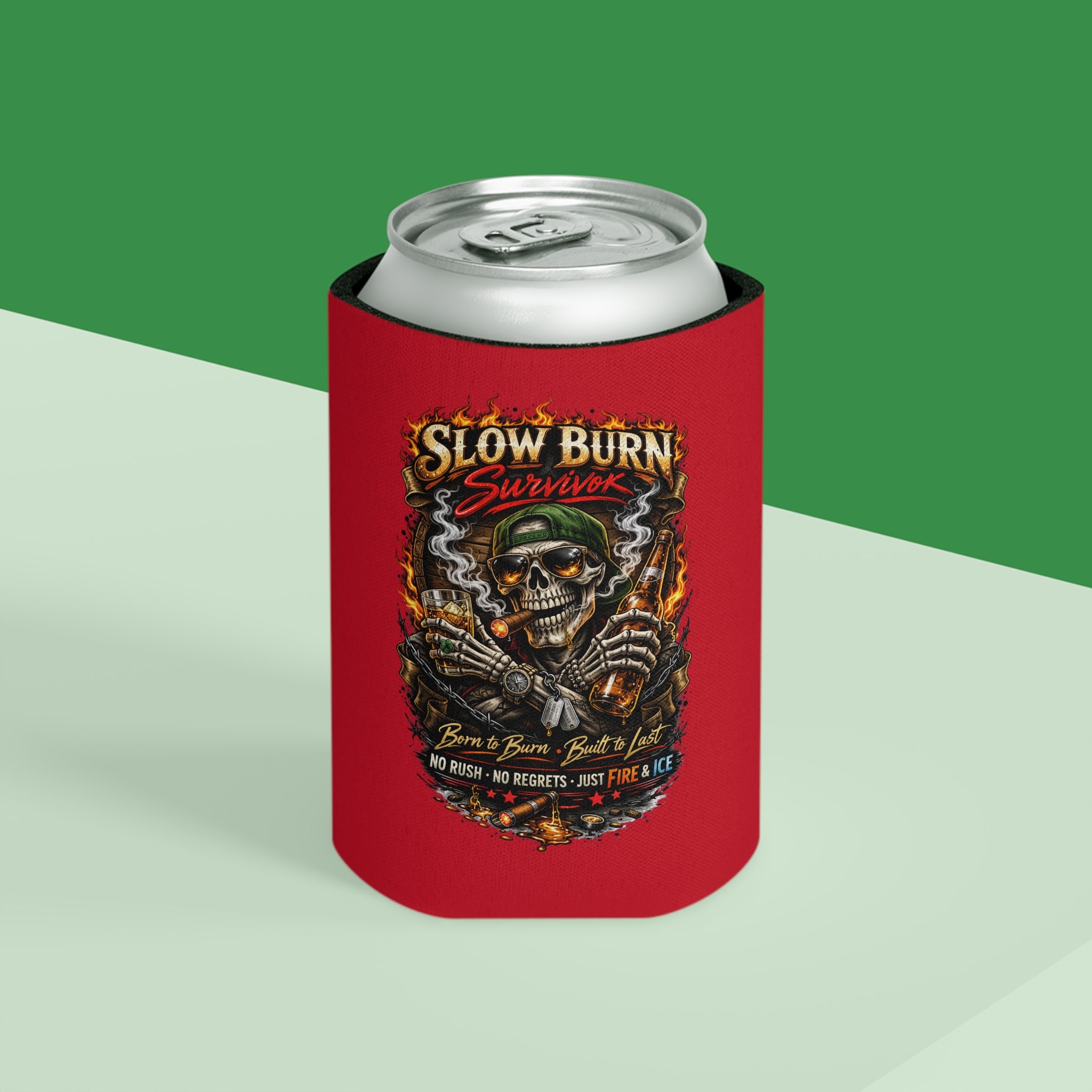 Can Cooler - "Stay Cold" Skeleton Beer Koozie (Slow Burn Survivor Vintage Skull Design)