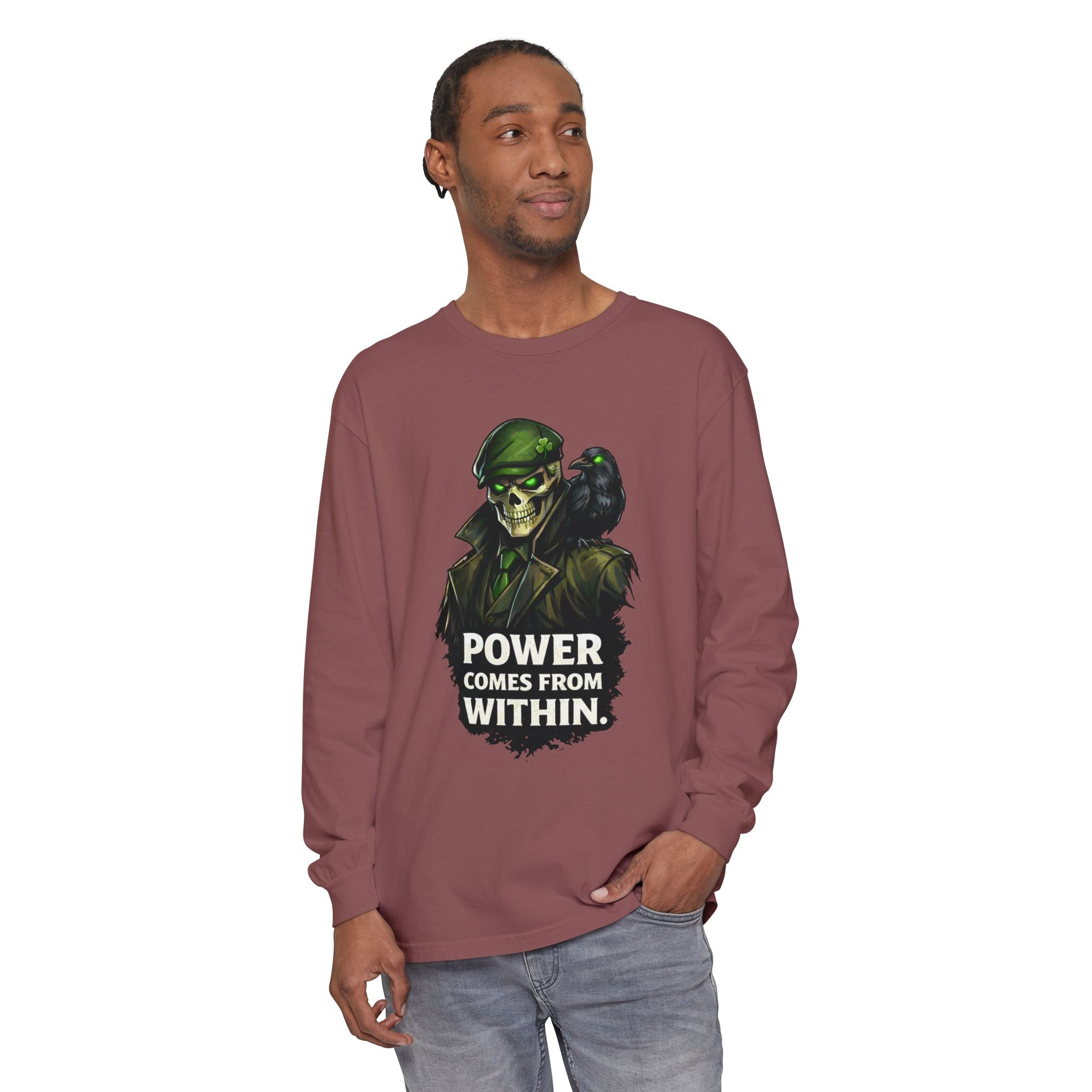 Long Sleeve T-Shirt — 'Power Comes From Within' Skull Soldier Graphic